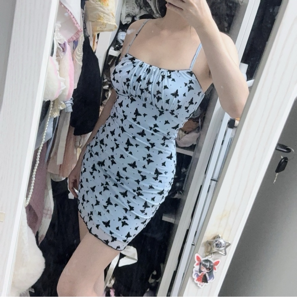 Elegant Blue Butterfly Print Dress